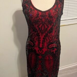 FUNDAISY Elegant Red and Black Lace Dress